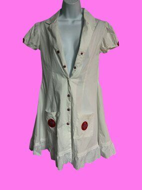 Sz.M/L*Music Legs*White "Nurse" Costume--Rhinestones Button-Front Mini Dress